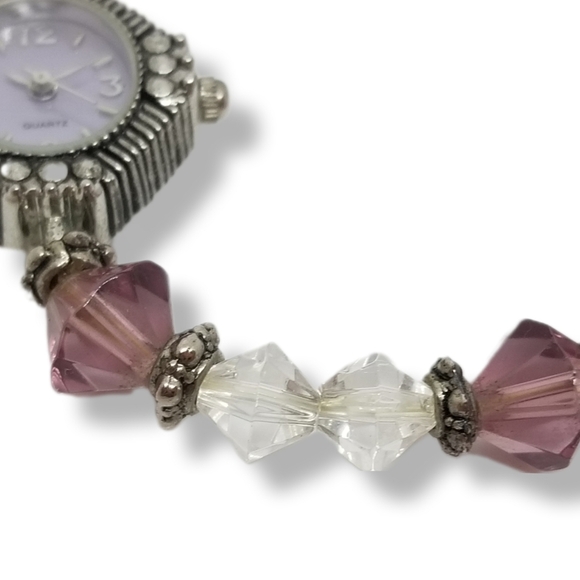 VINTAGE SILVERTONED & PURPLE /WHITE CRYSTAL BEADED LADIES WATCH - Picture 5 of 7
